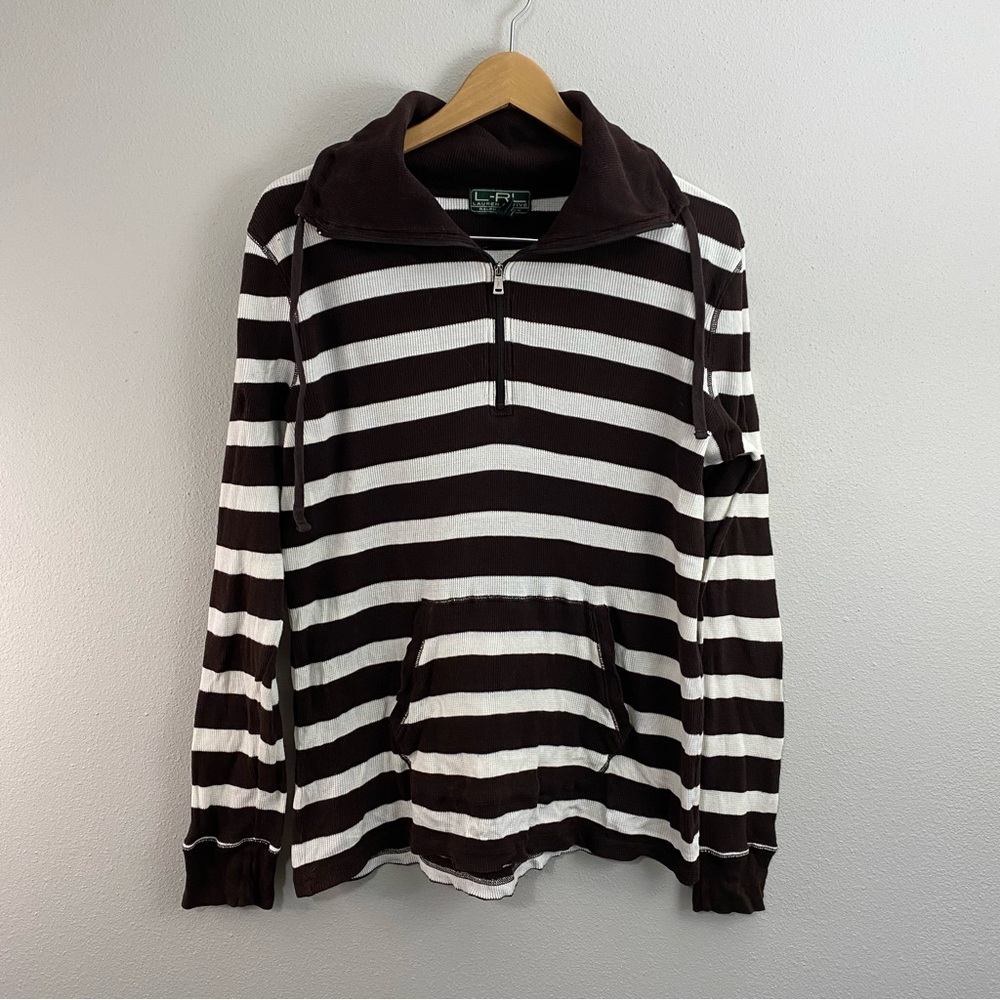 Lauren‎ Ralph Lauren Brown and White Striped 1/4 Zip Sweater Women’s XL